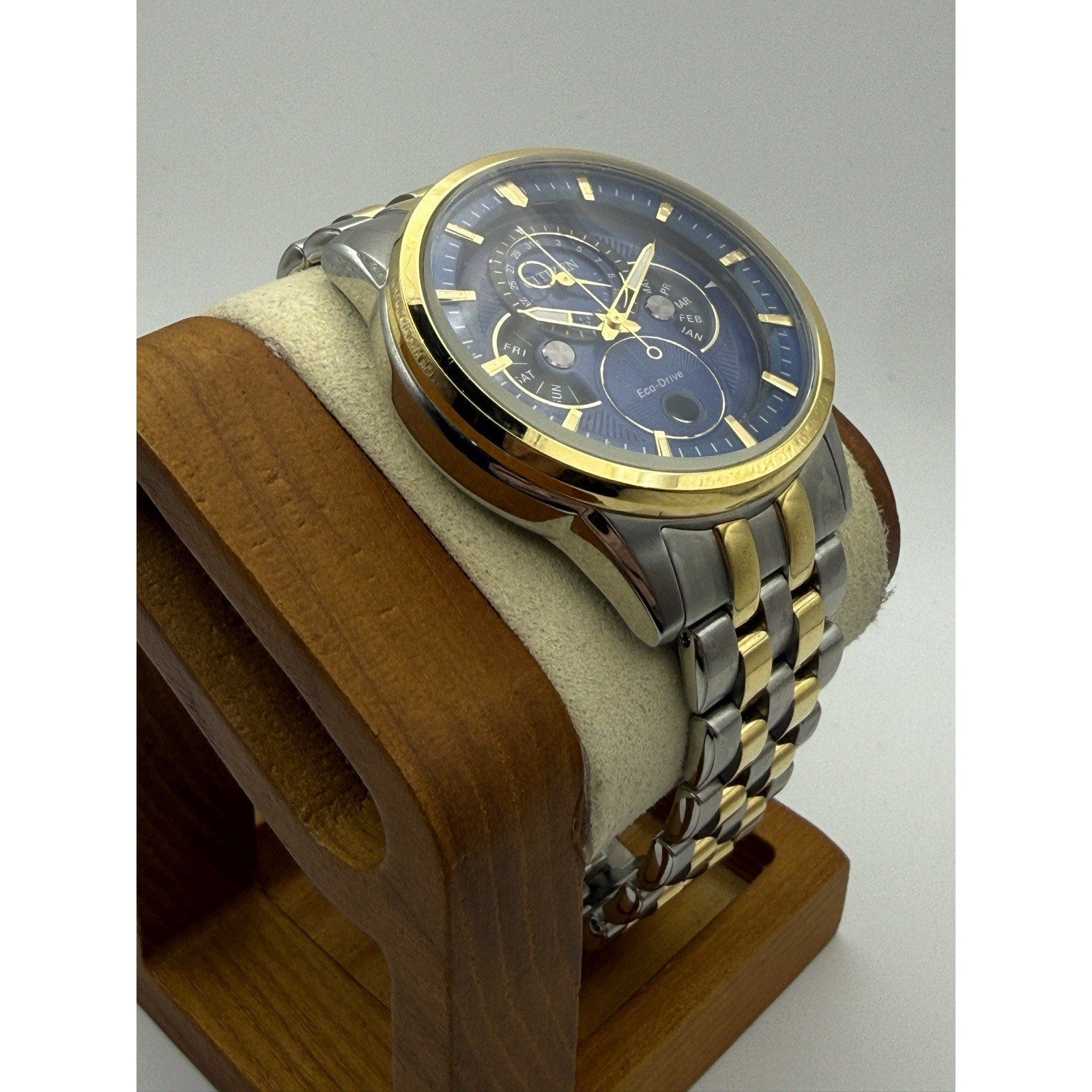 Citizen Men's Two Tone Eco-Drive Watch Blue Moonphase Calendar BU0054-52L Solar