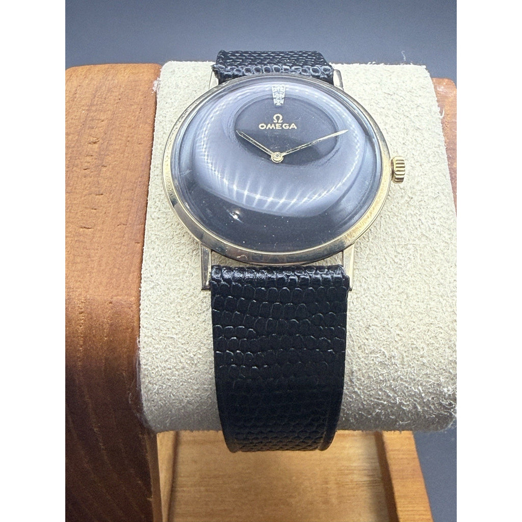 Vintage 14K Solid Gold Omega Diamond Accent Black Dial Hand-Wind Watch Ref D6672