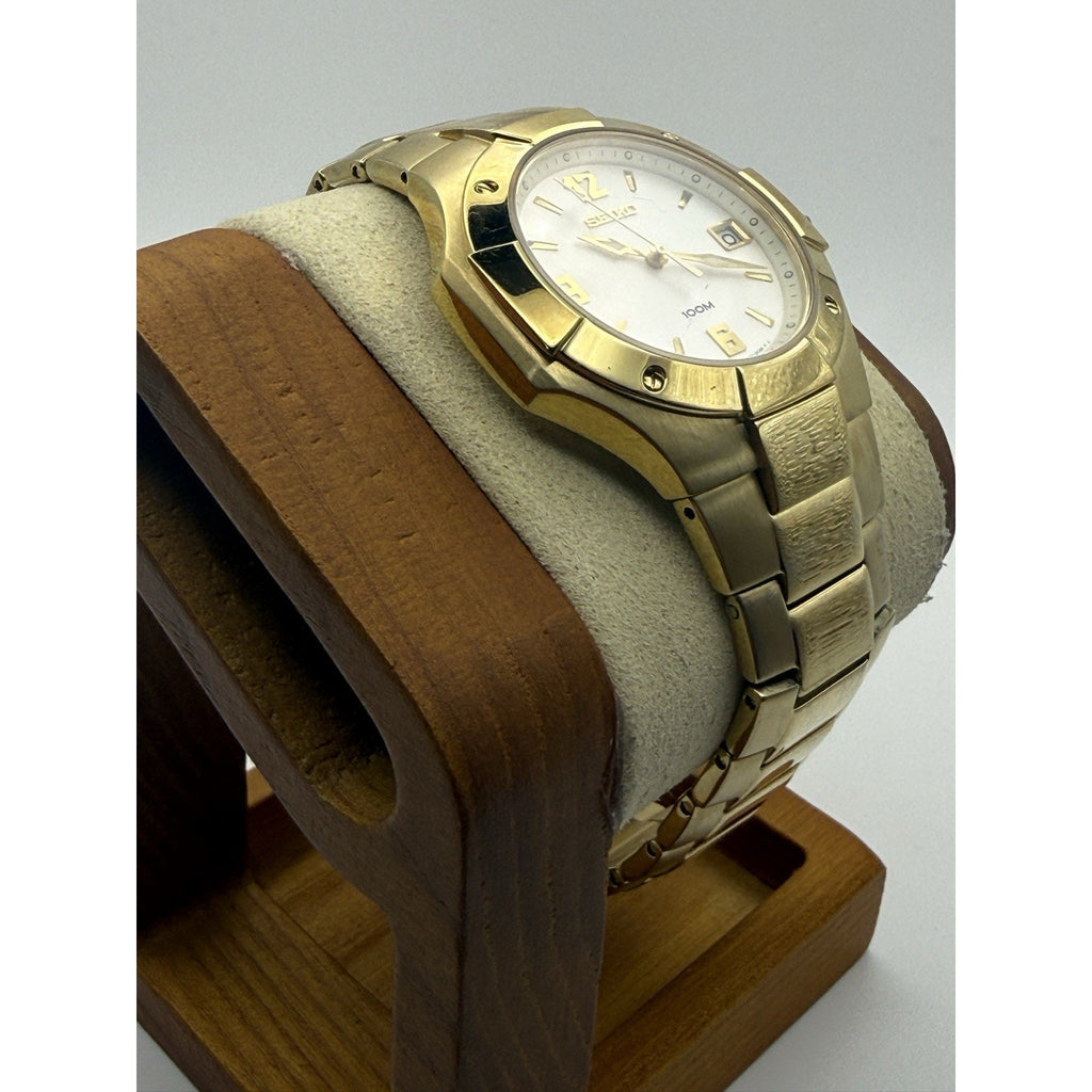 Seiko 7N42-0GE0 Gold Tone Quartz Watch Silver Sunburst Dial 100M Cabochon Crown