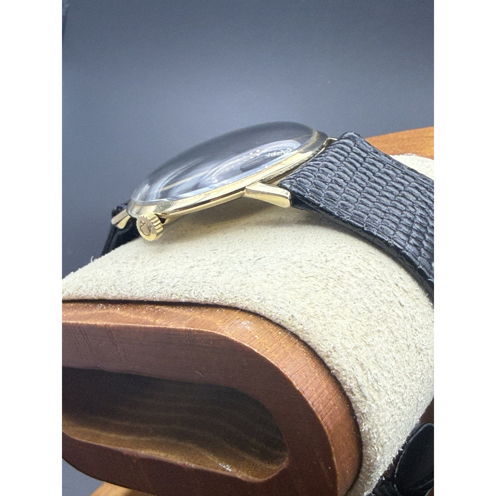 Vintage 14K Solid Gold Omega Diamond Accent Black Dial Hand-Wind Watch Ref D6672