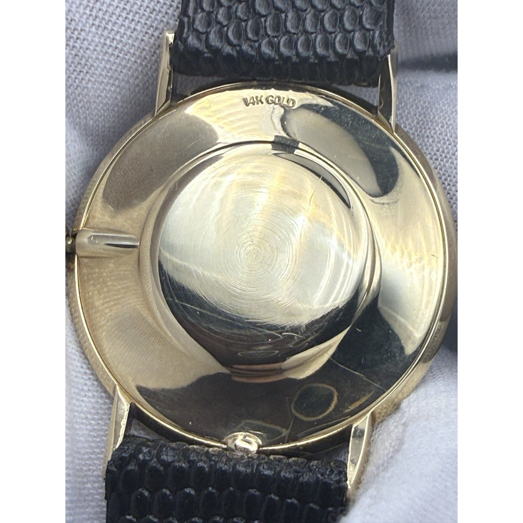 Vintage 14K Solid Gold Omega Diamond Accent Black Dial Hand-Wind Watch Ref D6672