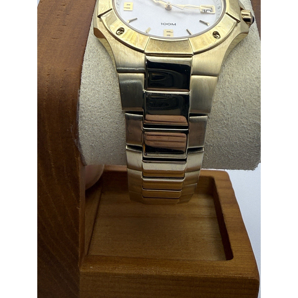 Seiko 7N42-0GE0 Gold Tone Quartz Watch Silver Sunburst Dial 100M Cabochon Crown