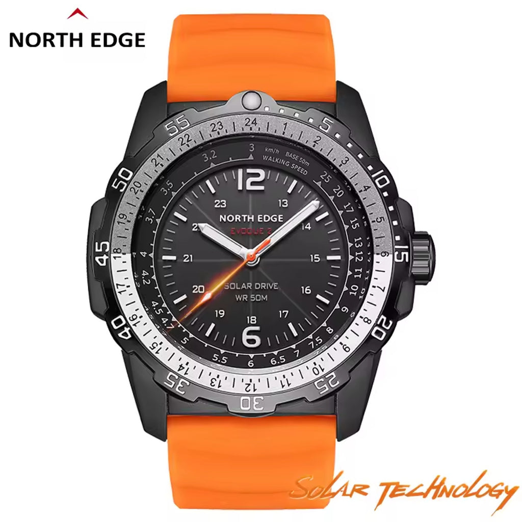 North Edge Evoque 2 Solar Powered Watch - Brand New In Box - Orange & Black Band