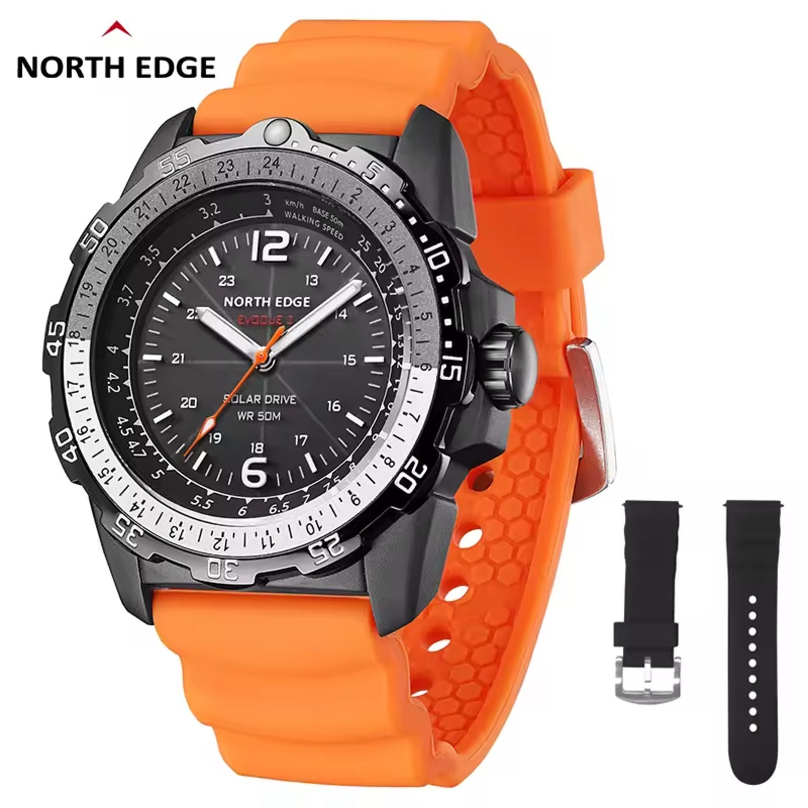 North Edge Evoque 2 Solar Powered Watch - Brand New In Box - Orange & Black Band