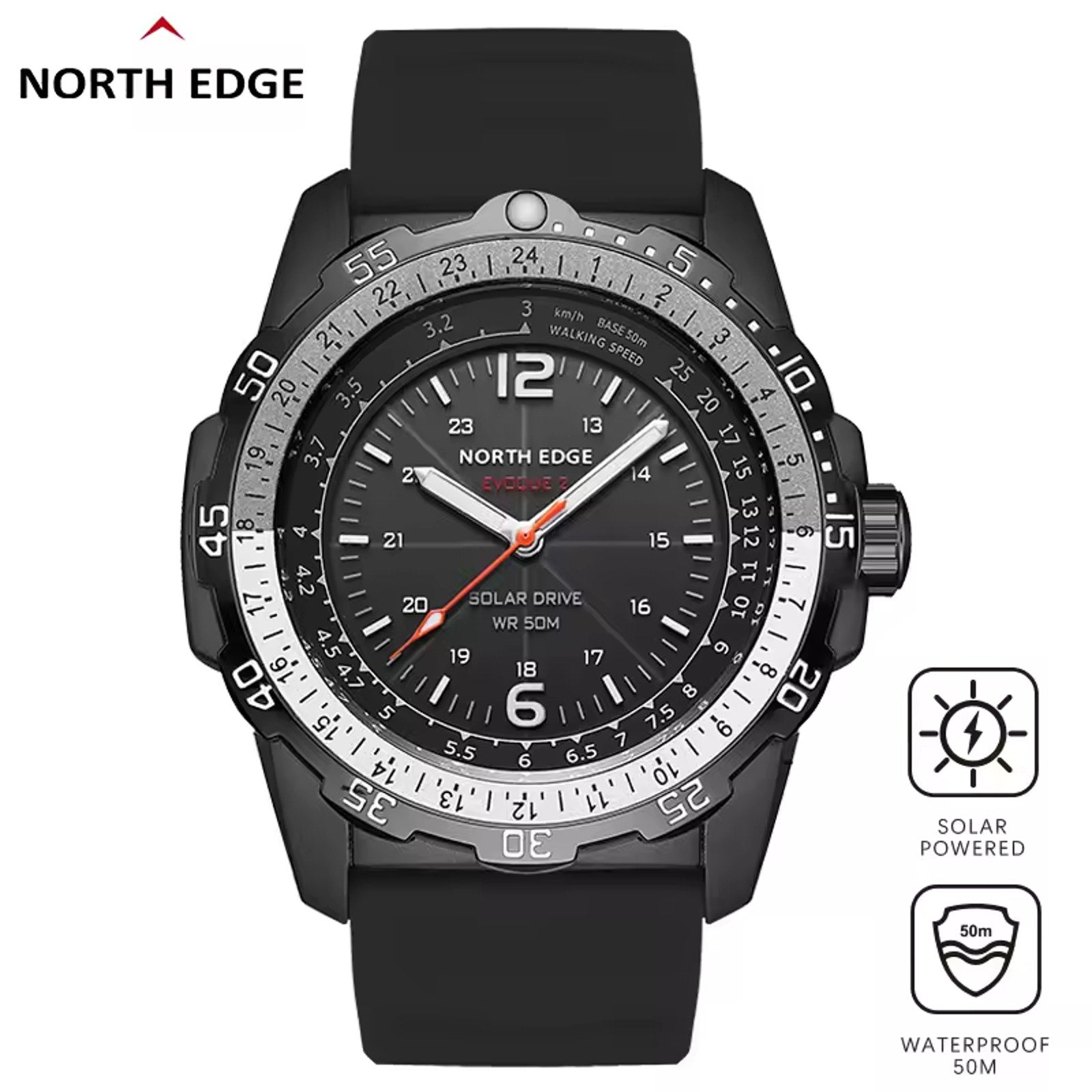 North Edge Evoque 2 Solar Powered Watch - Brand New In Box - Orange & Black Band
