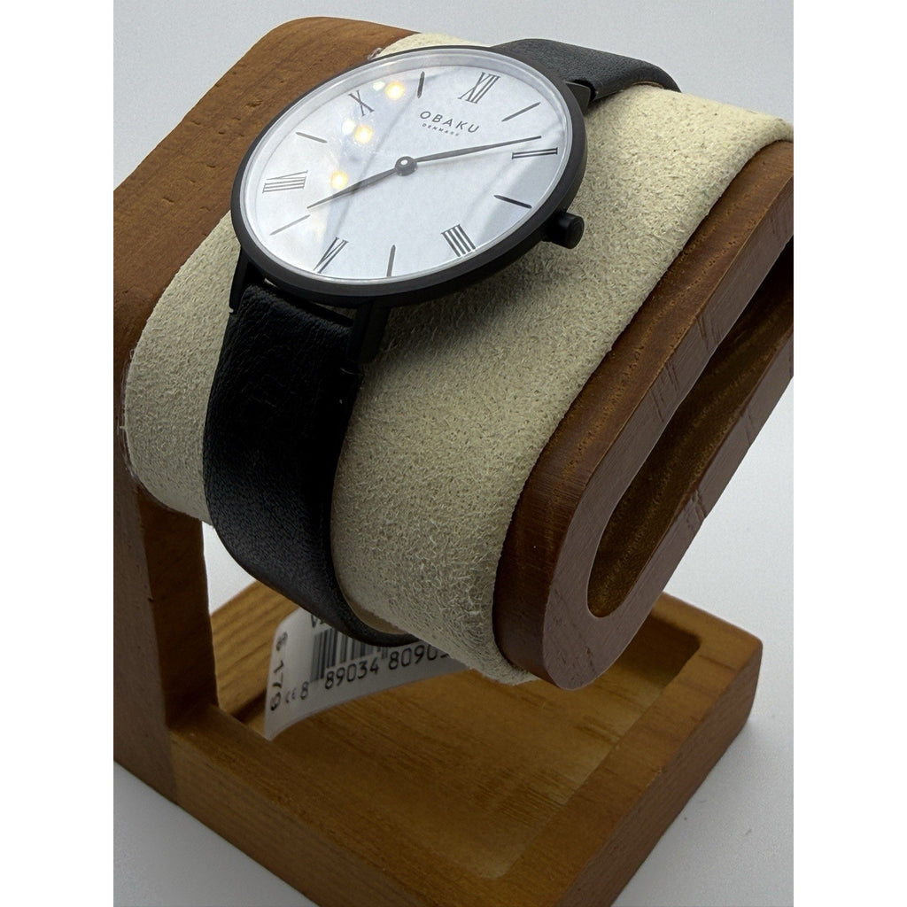 Obaku Denmark Folie Ebony Men's Watch White Dial Black Leather Sapphire V283 NWT