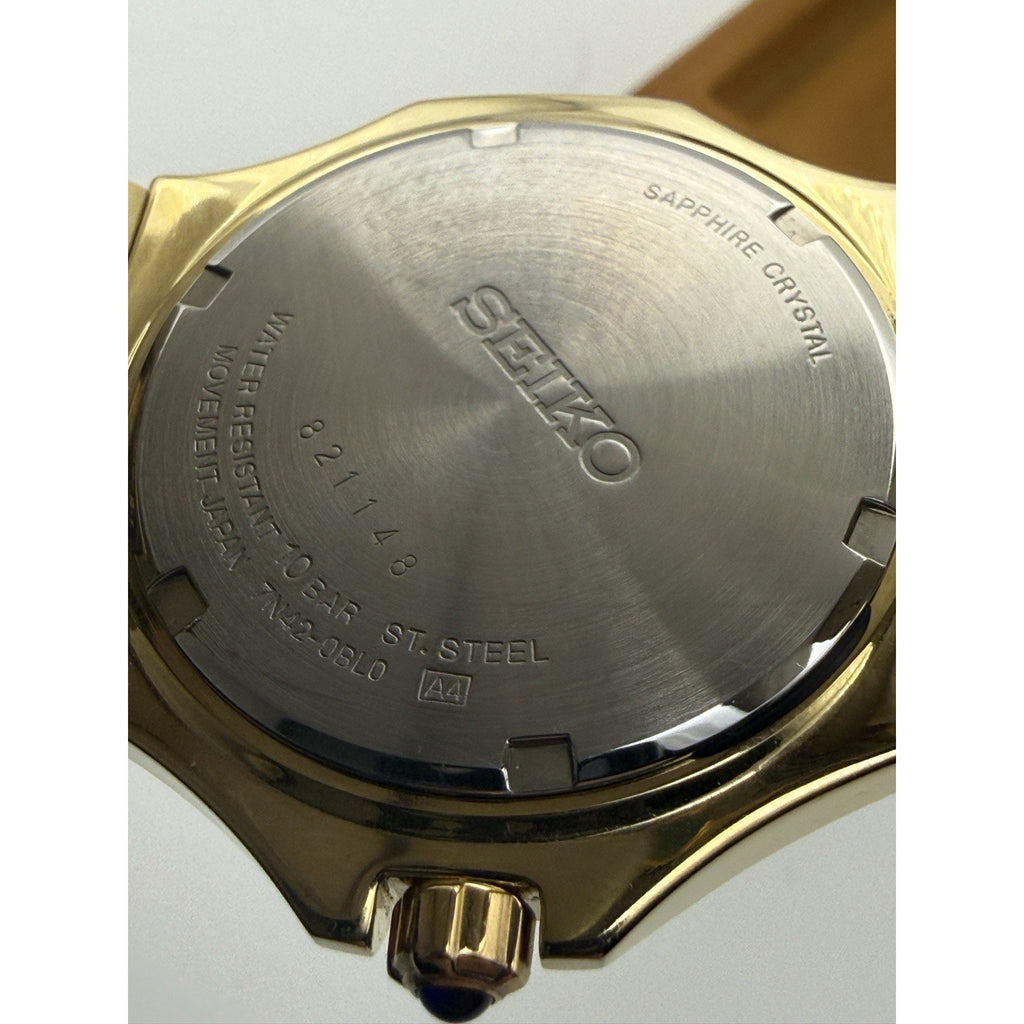 Seiko 7N42-0GE0 Gold Tone Quartz Watch Silver Sunburst Dial 100M Cabochon Crown