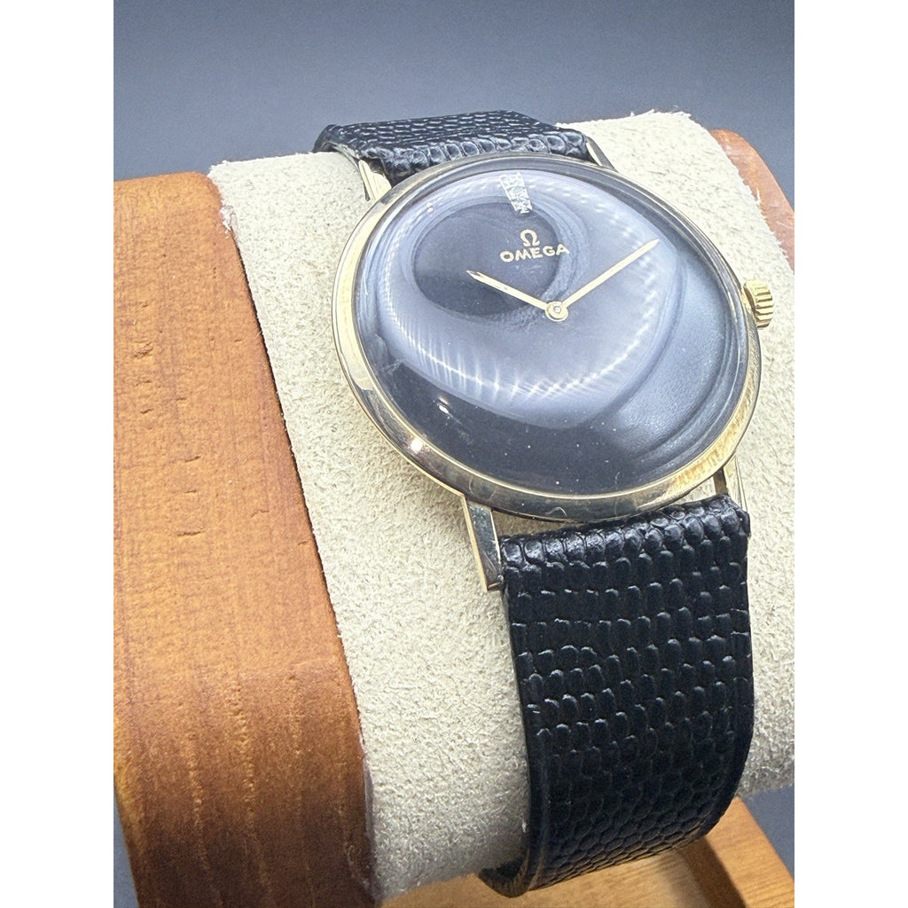 Vintage 14K Solid Gold Omega Diamond Accent Black Dial Hand-Wind Watch Ref D6672