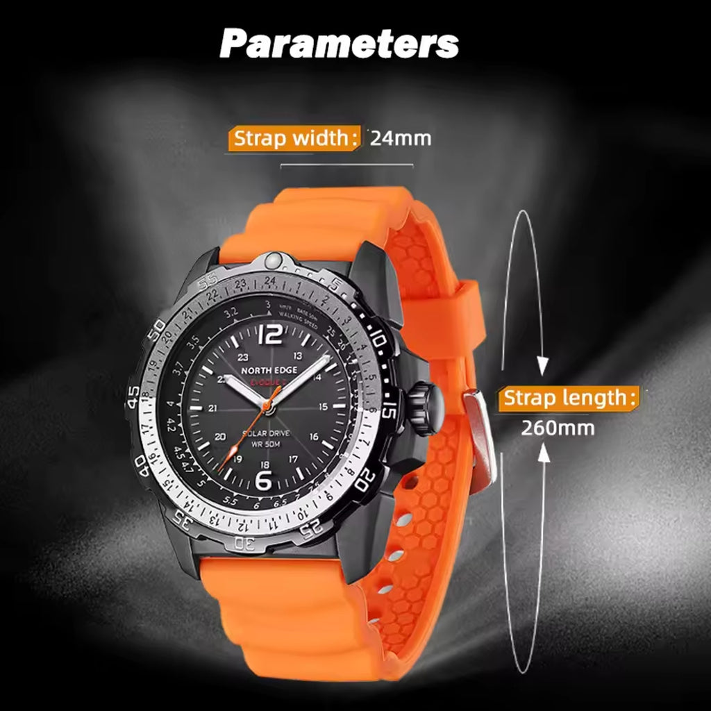 North Edge Evoque 2 Solar Powered Watch - Brand New In Box - Orange & Black Band