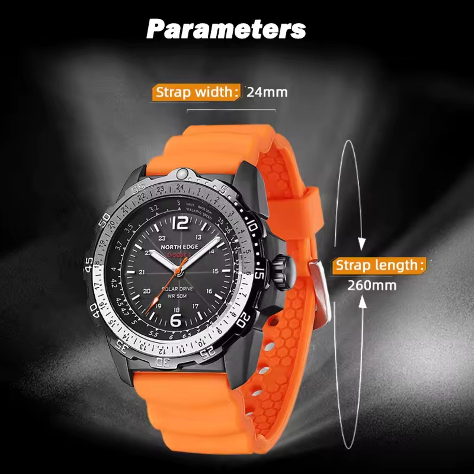 North Edge Evoque 2 Solar Powered Watch - Brand New In Box - Orange & Black Band