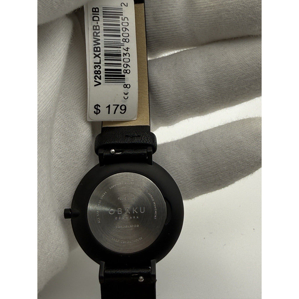 Obaku Denmark Folie Ebony Men's Watch White Dial Black Leather Sapphire V283 NWT